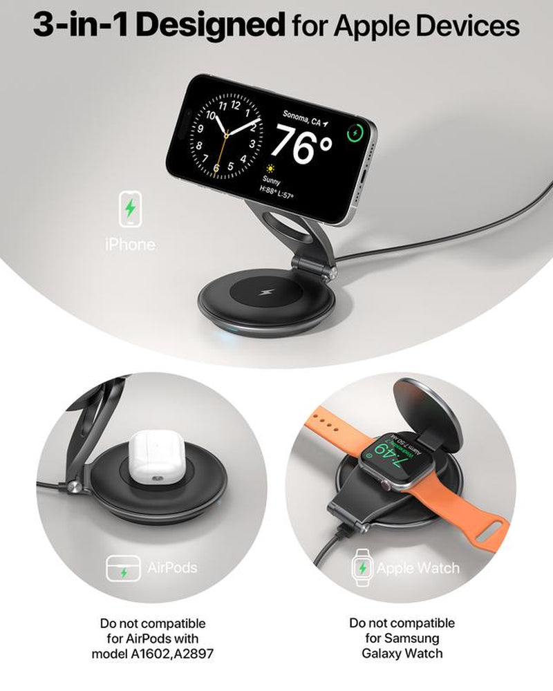 3 in 1 Wireless Travel Magsafe Charger Station for Multiple Devices Magnetic Foldable Charger 30W Charger Included