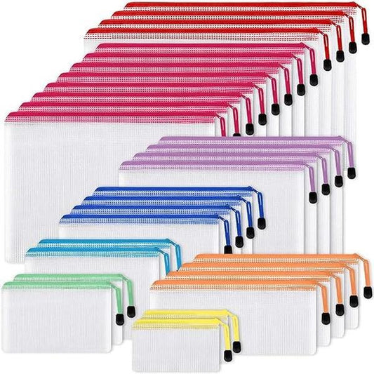 30Pcs Mesh Zipper Pouch Bags, Sizes Plastic Zipper Bags, Colors Waterproof Zipper Pouches for Organization, Multipurpose for Travel, School Supplies, Office Appliances and Home Organization