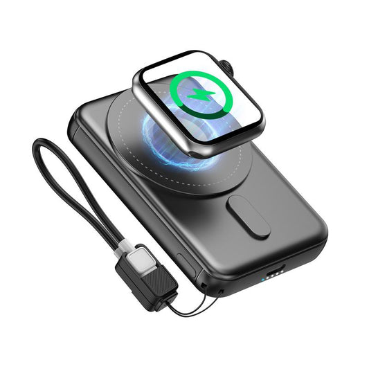 Magnetic Portable Charger, 3 in 1 Wireless Charging Power Bank, 5000Mah Chargeable Lithium Battery Pack, Built-In USB-C Cable, Compact Design for Phone & Smartphone, with Lanyard