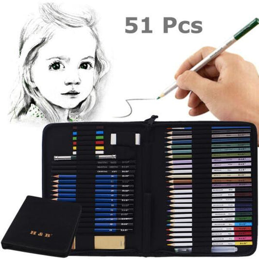 51Pcs Professional Drawing Artist Kit Set Pencils and Sketch Charcoal Art & Bag